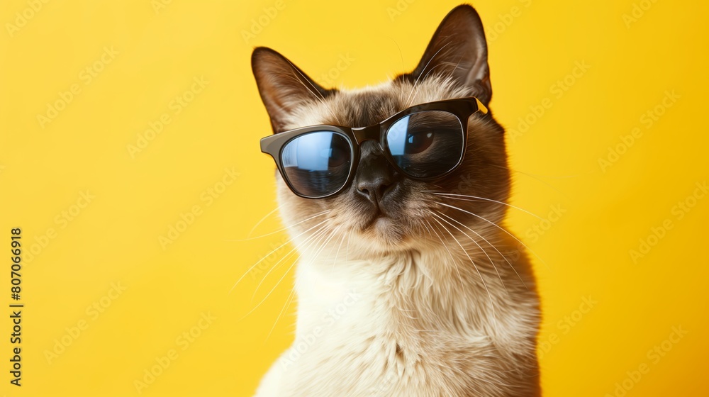Stylish Cat in Sunglasses Against Yellow Background