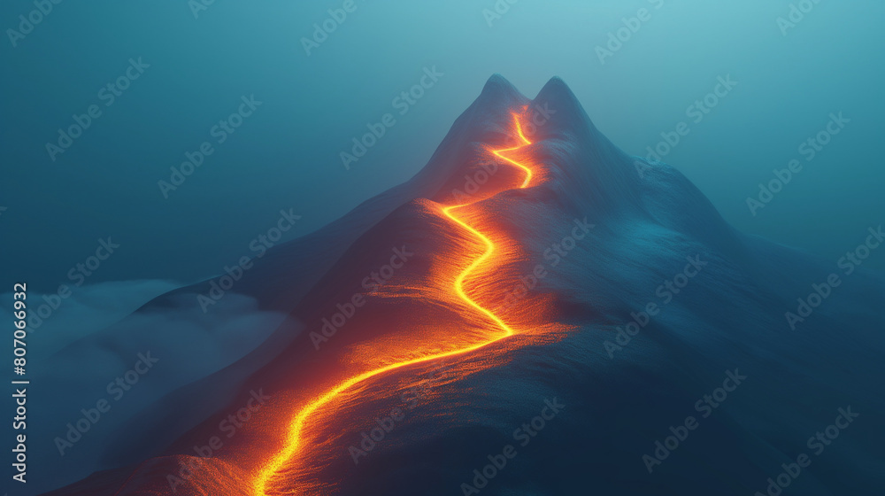 A serene yet potent image of molten lava flowing down a mountain slope, portraying the unstoppable force of nature