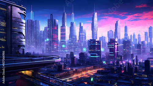 Futuristic city panorama at night. 3D rendering.