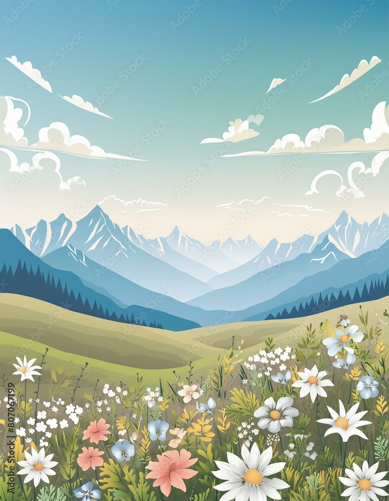 Meadow with a variety of mountain flowers like edelweiss, gentians, and alpine roses