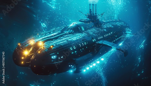 Explore a fantastical underwater world with a low-angle view of a sleek submarine, bathed in ethereal bioluminescent glow