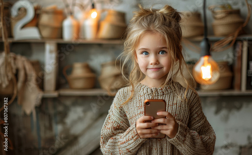 A young girl is holding a cell phone in her hand. She is smiling and she is happy