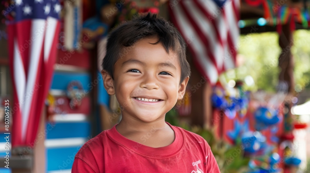 Smiling Young Boy in Red Celebrating Independence Day at a Festive Setting Smiling Young Boy in Red Celebrating Independence Day at a Festive Setting