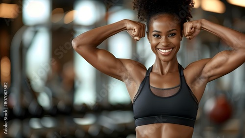 Empowered Strong Woman with Dark Skin in Gym Attire Flexing Muscles. Concept Fitness Photography, Strong Women, Gym Motivation, Dark Skin Representation, Athletic Apparel
