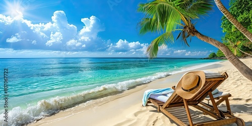 Fototapeta Naklejka Na Ścianę i Meble -  White sand with palm trees and emerald sea. A heavenly place to relax. Luxurious tropical landscape. Beautiful exotic summer beach background for design.