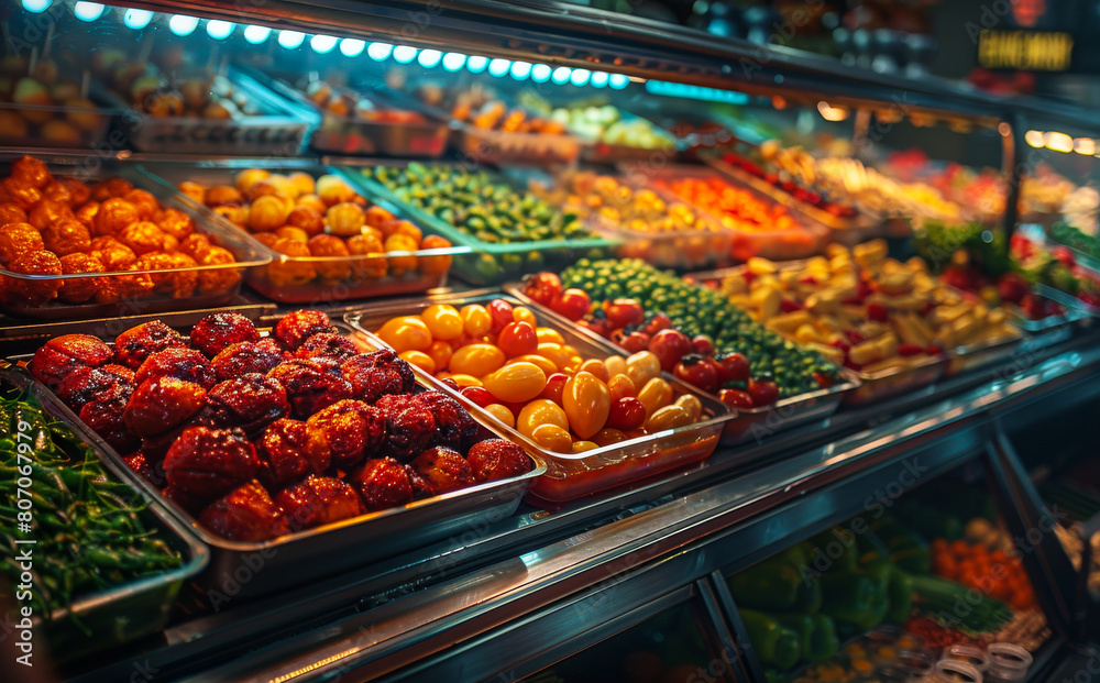 A large display of fresh produce in a grocery store. The produce includes a variety of fruits and vegetables such as tomatoes, peppers, and broccoli.