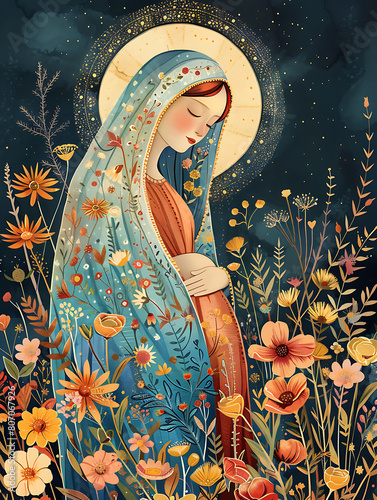 Pregnant Mary, Our Lady Virgin Mary waiting for a baby. Biblical illustration