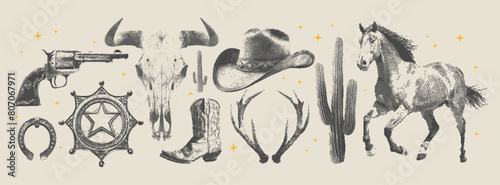 Wild West Vector Set.  Surreal bitmap stickers with a photocopy effect in a cowboy style. Dotted elements with halftone stipple effect for poster art or t-shirt. Contemporary vector illustration. photo