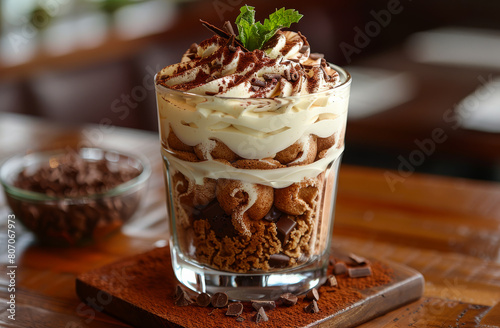 A glass of dessert with chocolate and whipped cream on top. The dessert is topped with chocolate chips and has a green leaf on top