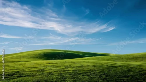 green grassy hills with blue sky and white clouds, spring time, landscape concept, copy space