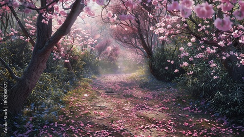 A beautiful path in a cherry blossom forest. The path is covered in soft pink petals, and the trees are in full bloom. photo