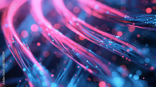 Close-up image of fiber optic cables with vibrant blue and red lights, depicting high-speed data technology © Erwin