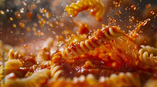 Intense close-up portrait of pasta swirls mid-air with splashes of tomato sauce, vividly captured using high-speed photography to freeze the motion photo