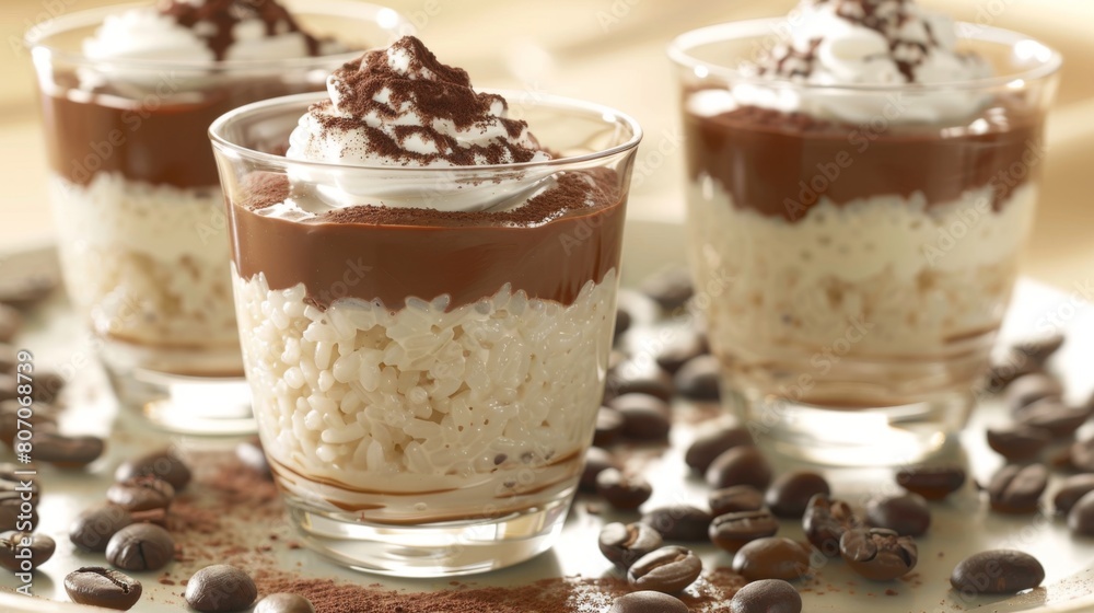 Gourmet Tiramisu Rice Pudding Dessert in Elegant Glass Cups Gourmet Tiramisu Rice Pudding Dessert in Elegant Glass Cups