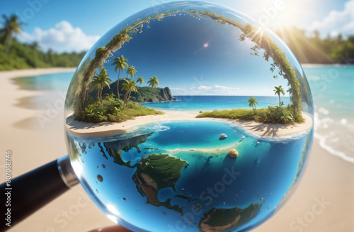 globe with beautiful beaches, paradise islands, which is visible through a magnifying glass, the concept of carefully choosing a vacation, Design for banner, postcard, tourism product