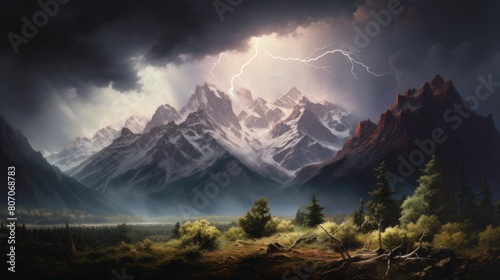 classic oil painting capturing  thunderstorm breaks over a rugged mountain range 