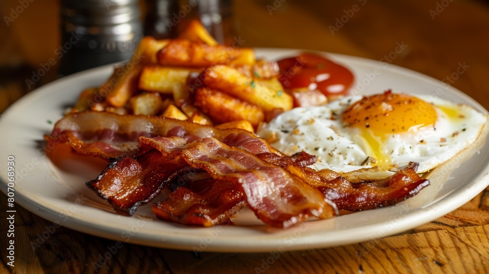 Inviting portrait showcasing a complete American breakfast plate with strips of bacon, fluffy hash browns, and perfectly cooked eggs Inviting portrait showcasing a complete American breakfast plate with strips of bacon, fluffy hash browns, and perfectly cooked eggs