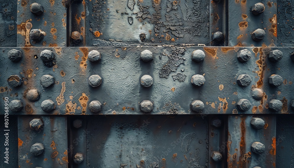 Steel girder with rivets, displaying industrial strength and cold, hard texture.