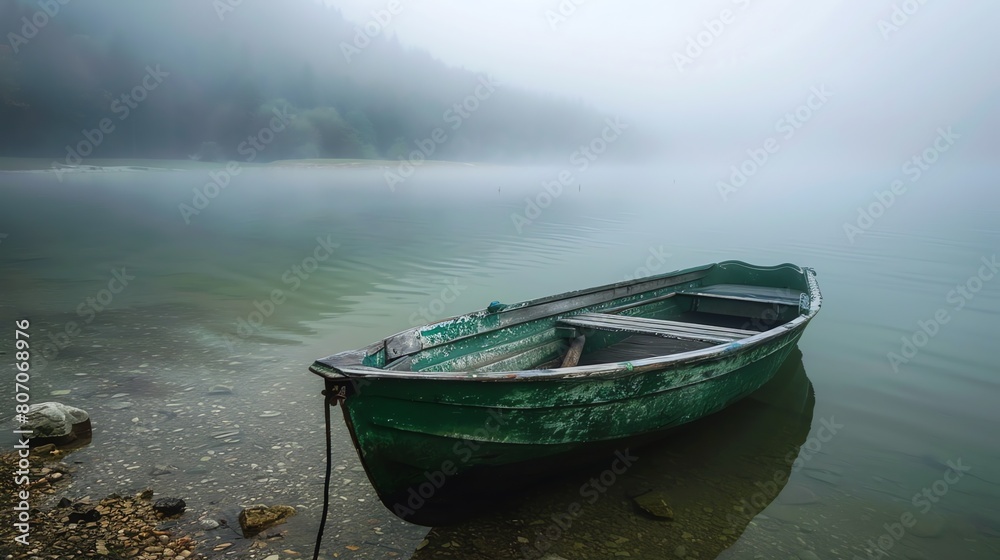 The wooden boat is anchored in the middle of a foggy lake. The water is still and the boat is reflected in the water. The wooden boat is anchored in the middle of a foggy lake. The water is still and the boat is reflected in the water.