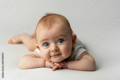 Baby lying on stomach, smiling on a white background