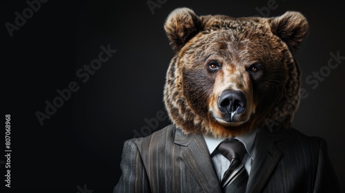 Portrait of a forlorn bear dressed in a businessman suit, looking stressed and defeated, symbolizing a tough day in the corporate world photo