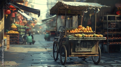 A street vendor's cart is piled high with fresh oranges and other produce. The cart is made of wood and has a weathered look. photo