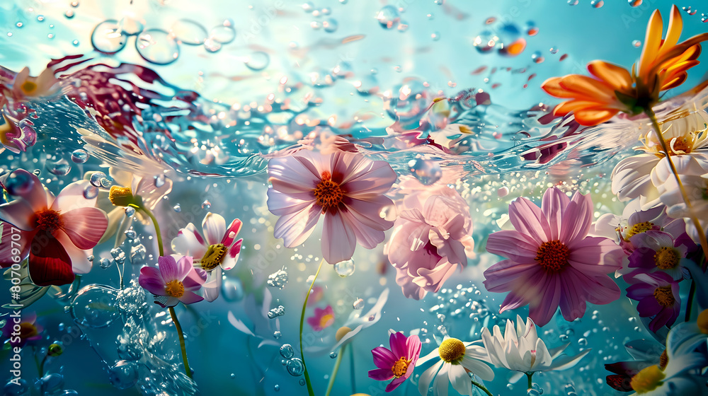 Flowers in water with water droplets around