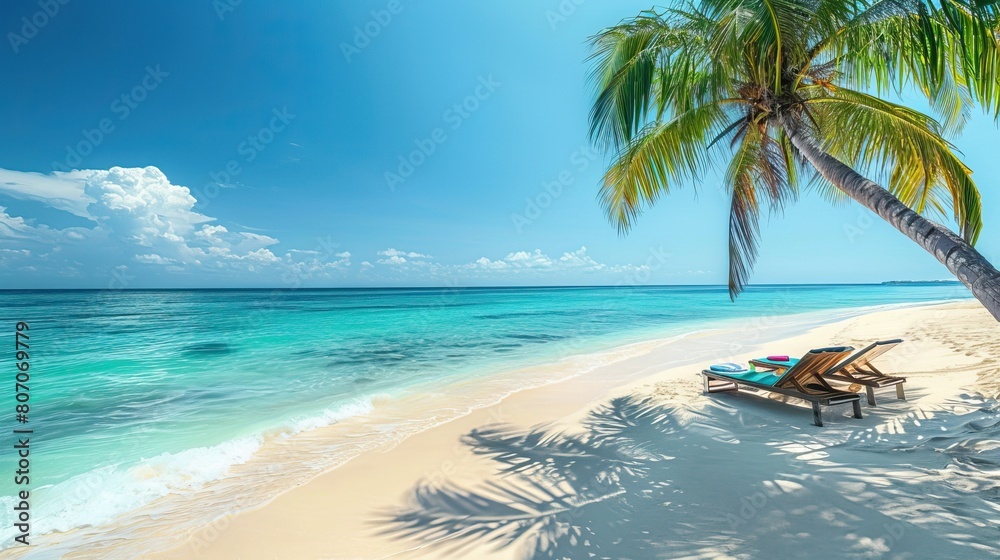 Obraz premium White sand with palm trees and emerald sea. A heavenly place to relax. Luxurious tropical landscape. Beautiful exotic summer beach background for design.