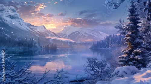 Quiet lakeside mountain view, undisturbed snow, twilight hues, highresolution, birdseye view photo