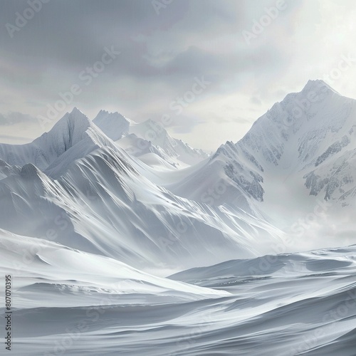 Quiet snowy mountainscape, undisturbed snow layers, soft gray sky, medium shot, natural lighting photo
