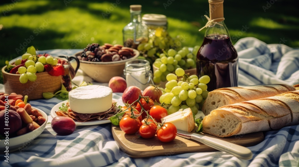 a picnic blanket spread out on a lush green lawn, a picnic blanket spread out on a lush green lawn,