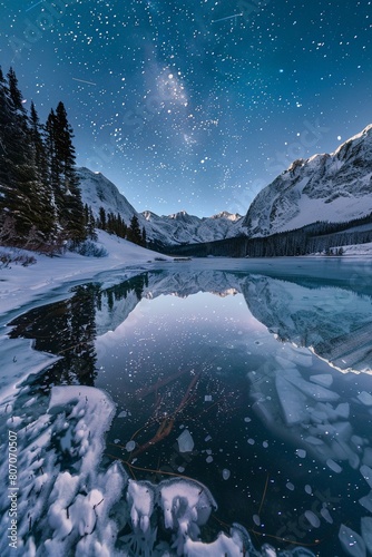 Surreal winter landscape, mirrorlike icy lake reflecting starry night sky, wideangle view, sharp details photo