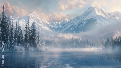Tranquil lake set against snowcapped mountains, crisp winter air, early morning mist, medium shot © miss[SIRI]