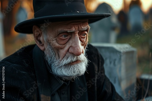 an old man in black clothes is sad in a cemetery
