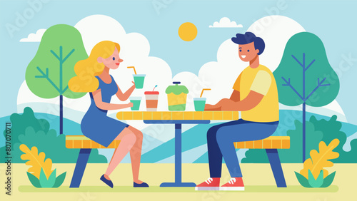 Amidst the hustle and bustle a couple sits at a picnic table enjoying some refreshing lemonade while taking a break from shopping.. Vector illustration