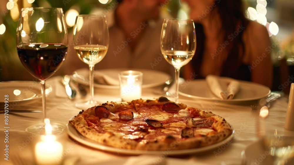 A couple sharing a romantic dinner date at an Italian restaurant, indulging in a gourmet pizza topped with decadent ingredients and fine wine.