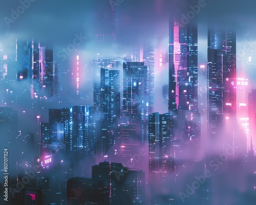 Capture a surreal cityscape with holographic displays glowing through mist, showcasing sleek, futuristic architecture from a dramatic eye-level angle with dynamic lighting and reflective surfaces © panyawatt