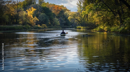 A man paddles a kayak through a narrow river surrounded by trees in the fall. The water is calm and still, and the trees are reflected in the water.