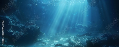 Craft a visually stunning piece showcasing a low-angle perspective of sleek  minimalist underwater realms Play with innovative lighting techniques like bioluminescent accents and ethereal shadows for 