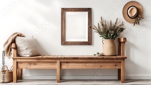  Wooden rustic bench near white wall with frames. Farmhouse  country  boho interior design of modern home entryway  hall. 