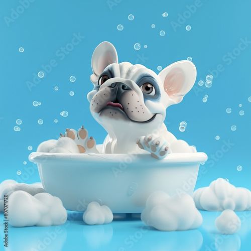 very cute 3D cartoon french bulldog taking a foambath, animated film style. Cut dog in a bath washing.  photo