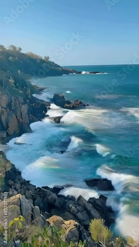 rocky coastline, blue ocean with waves crashing against rocks, clear sky, blue and green colors