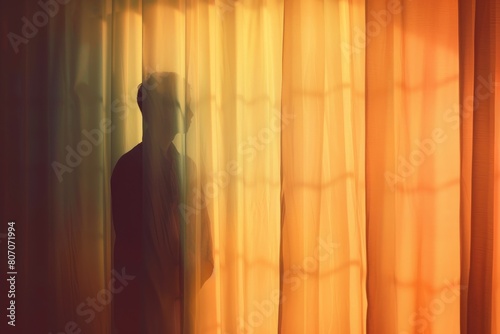 A person is standing in front of a curtain, with the curtain being yellow