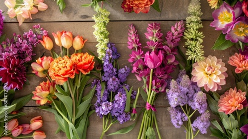A colorful palette of vibrant tulips soft lilacs and bold dahlias laid out on a workbench providing endless options for creating unique and eyecatching arrangements.