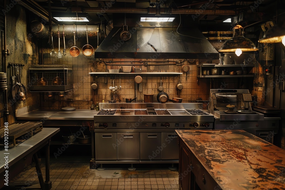 Explore a long shot dystopian vision of culinary arts with a gritty, industrial style Show a dystopian kitchen featuring steampunk gadgets, rusted metal surfaces, and eerie dim lighting Explore a long shot dystopian vision of culinary arts with a gritty, industrial style Show a dystopian kitchen featuring steampunk gadgets, rusted metal surfaces, and eerie dim lighting