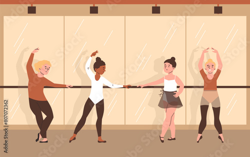 Young boy and girls ballet dancers classical dance performance in ballet class, vector cartoon grace children training