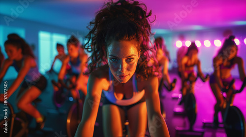 Intense indoor cycling class with dynamic lighting photo