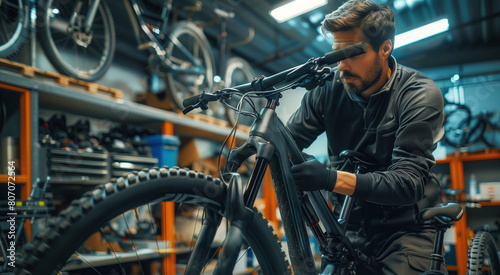 Focused man repairing a mountain bike inside a well-equipped bicycle workshop photo