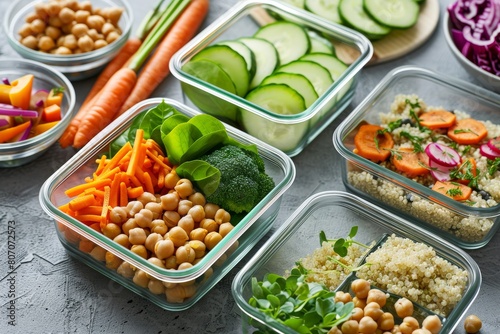 Colorful vegan meal prep containers with quinoa, chickpeas, and fresh veggies, organized and healthy