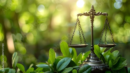 Justice scales and nature show connection to sustainable environmental conservation and law. Concept Environmental Conservation, Legal Justice, Sustainable Practices